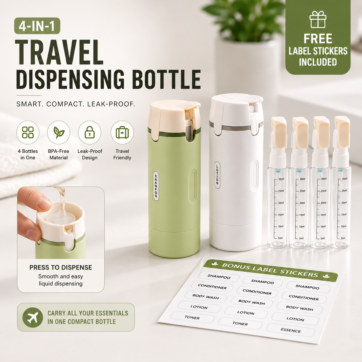 4-in-1 Leakproof Travel Dispenser Bottles