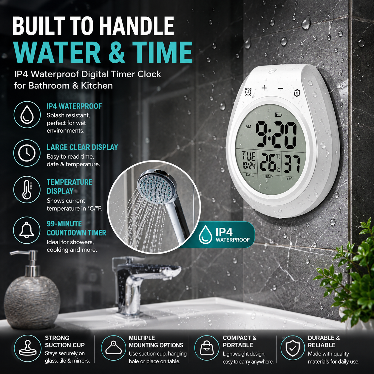 Waterproof Anti-Fog Splash-Proof Wall Clock