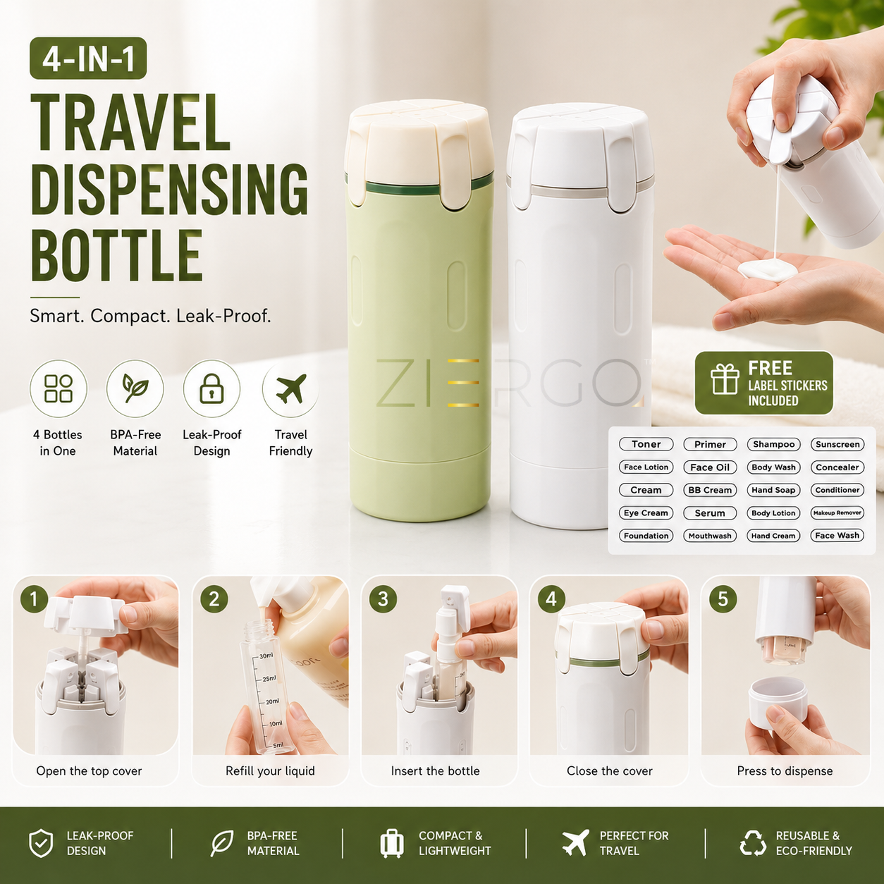 4-in-1 Leakproof Travel Dispenser Bottles