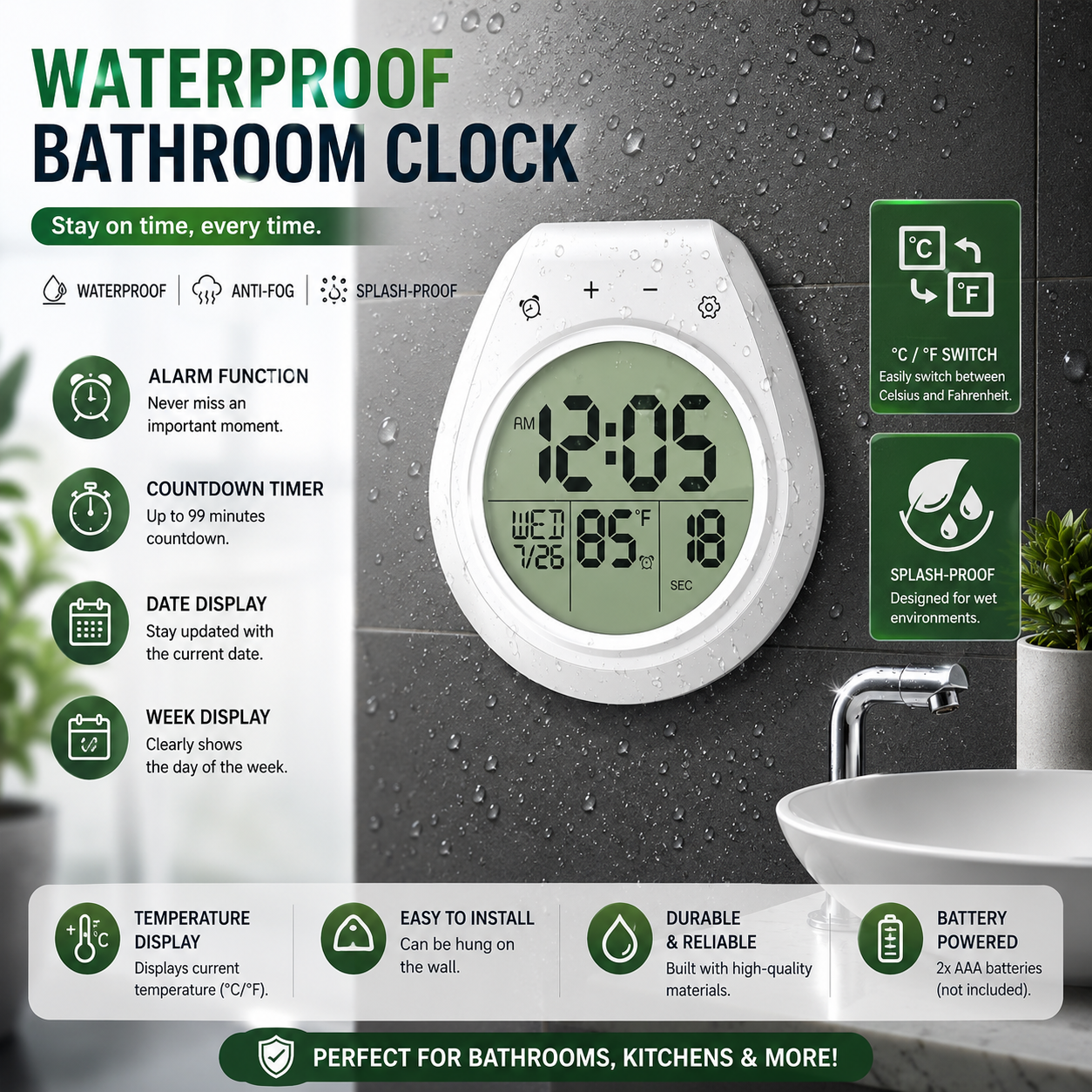 Waterproof Anti-Fog Splash-Proof Wall Clock